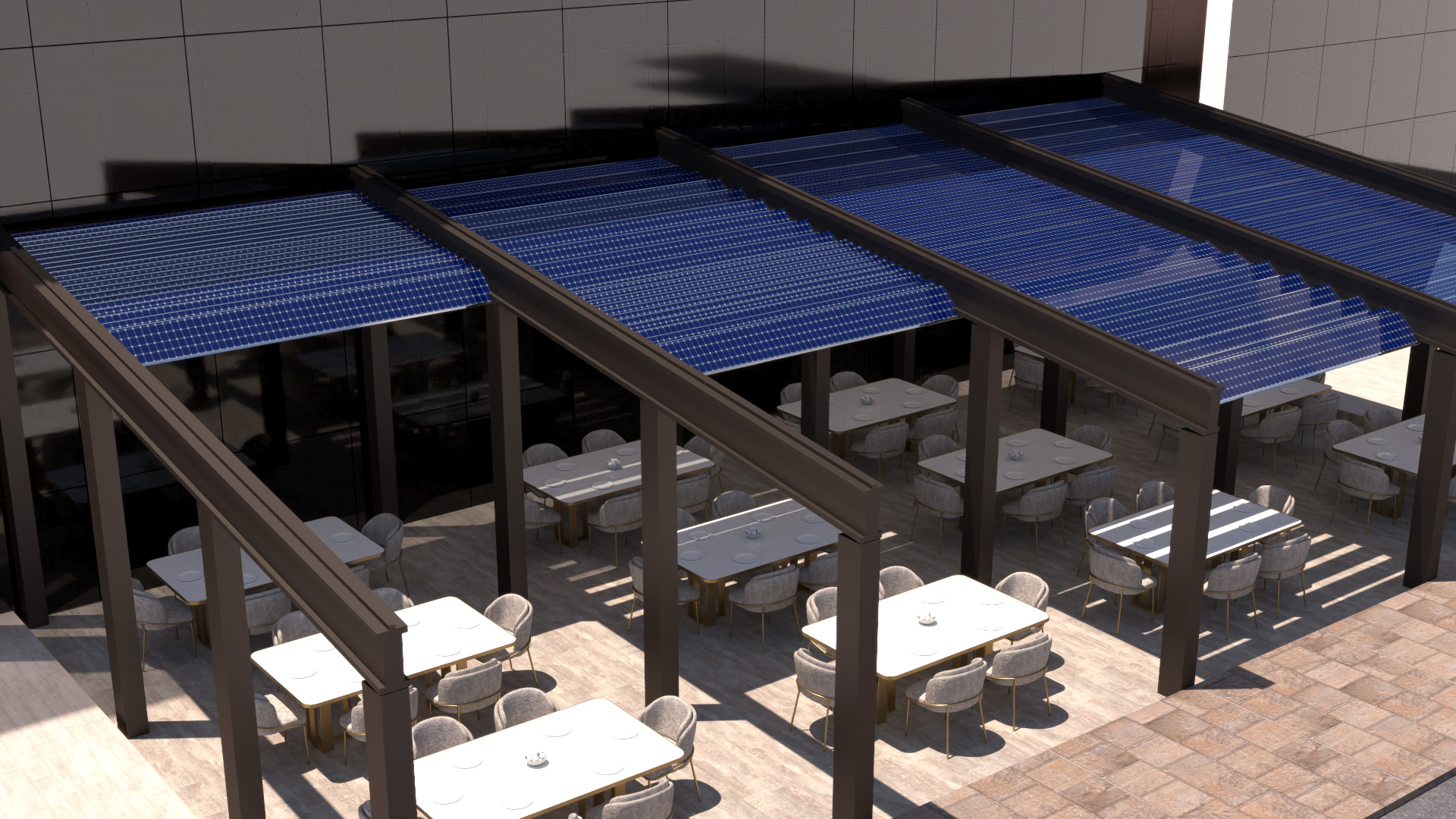 Coffeshop Foldable Solar Panel System Pergola Manufacturer